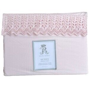 Rachel Ashwell Embroidered Solid Pink Eyelet Hem QUEEN Sheet Set 100% Cotton New